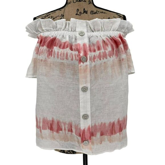 INC International Concepts Off The Shoulder Top 100% Linen Pink White Large - Picture 1 of 10